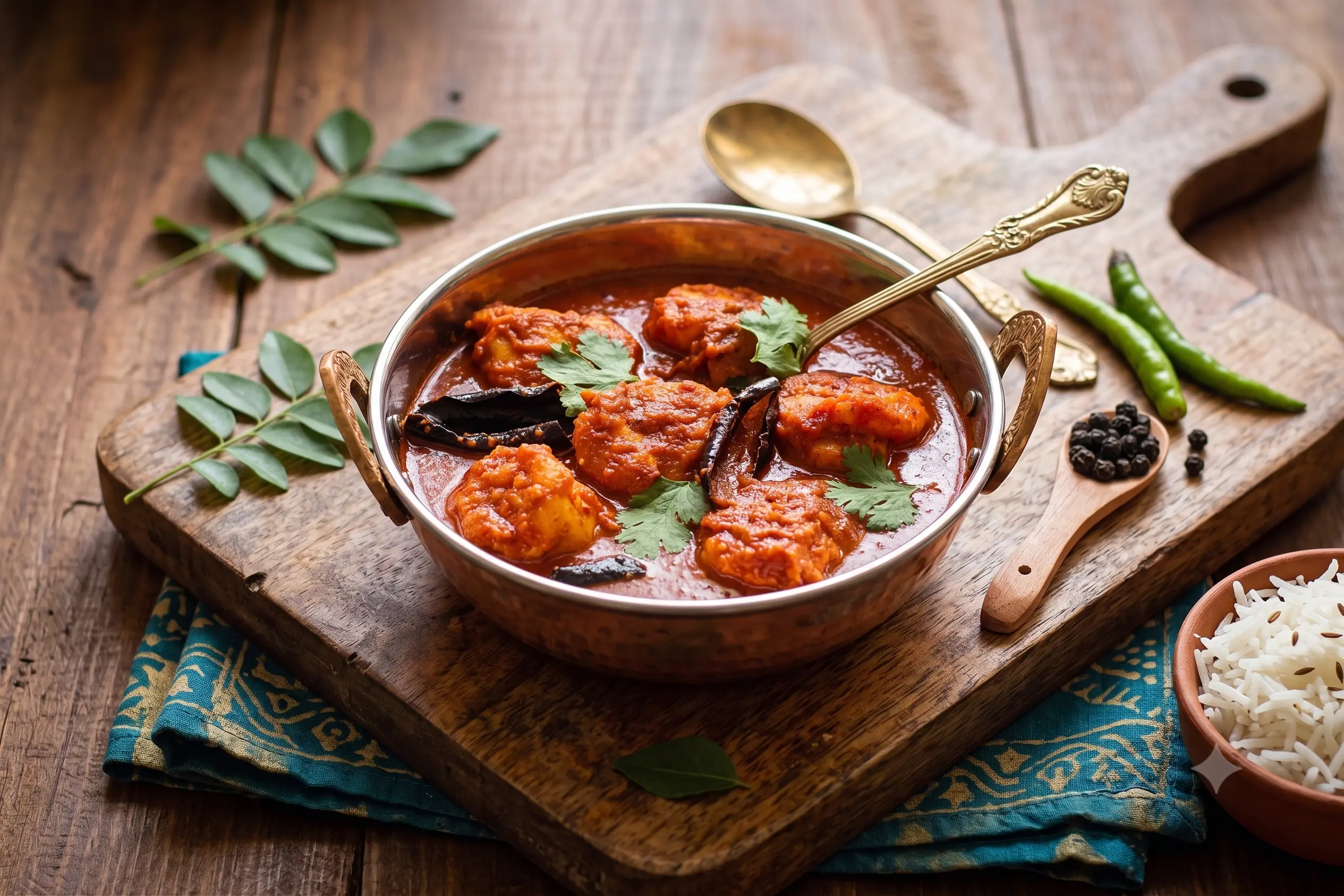 Plump prawns in a fiery red Goan coconut curry with curry leaf, dried red chilli and fresh coriander, served with rice