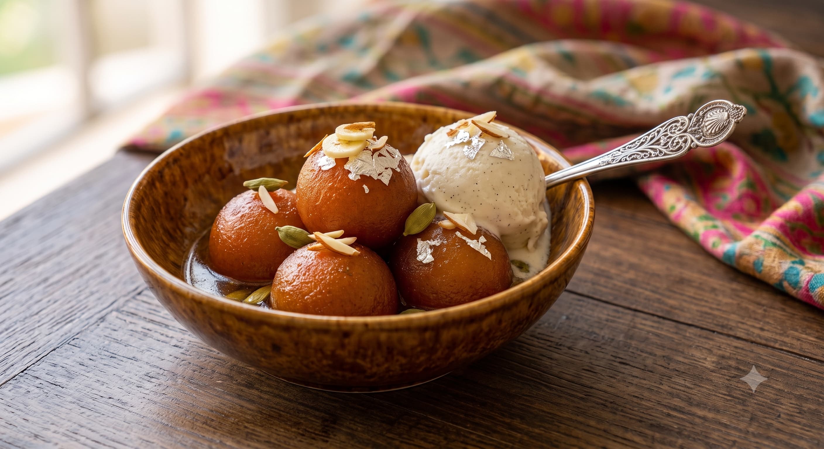A bowl of gulab jamun in syrup with silver leaf, slivered almond and cardamom, served with vanilla ice cream