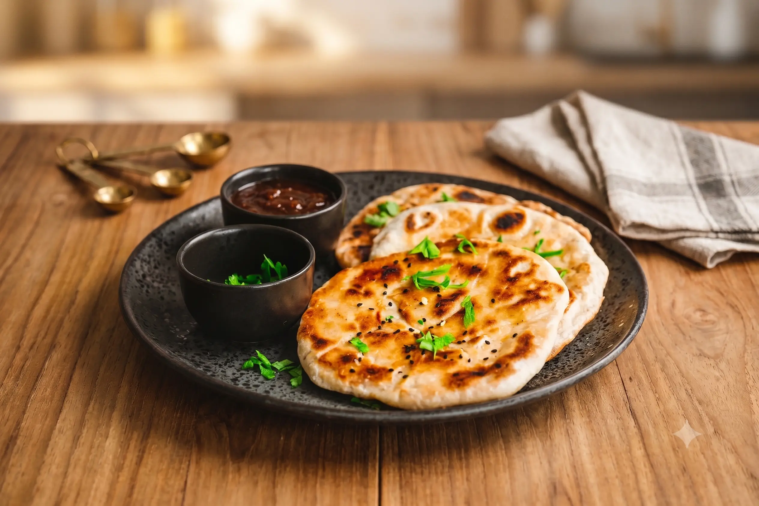 Freshly griddled naan speckled with nigella seeds and coriander, served with chutneys